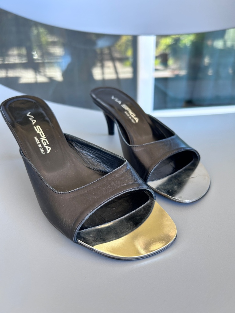 VIA SPIGA Kitten Heel Black Italian Leather Open Toe Mule Slide Sandal Size 5.5